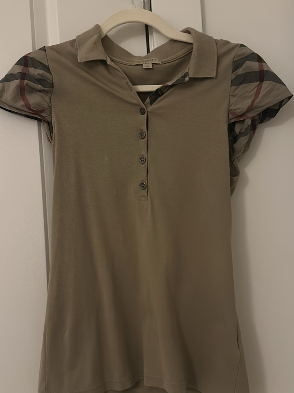 Olive Button-Front Polo with Signature Plaid Puff Sleeves